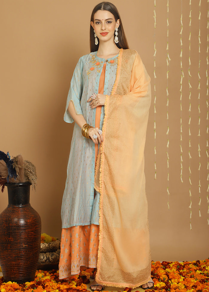 3 Pc Turquoise Unstitched Chanderi Suit Set Get To Buy For Sale