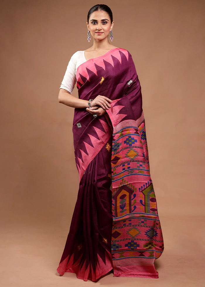 Wine Printed Pure Silk Saree Without Blouse Piece Outlet Cheap Authentic