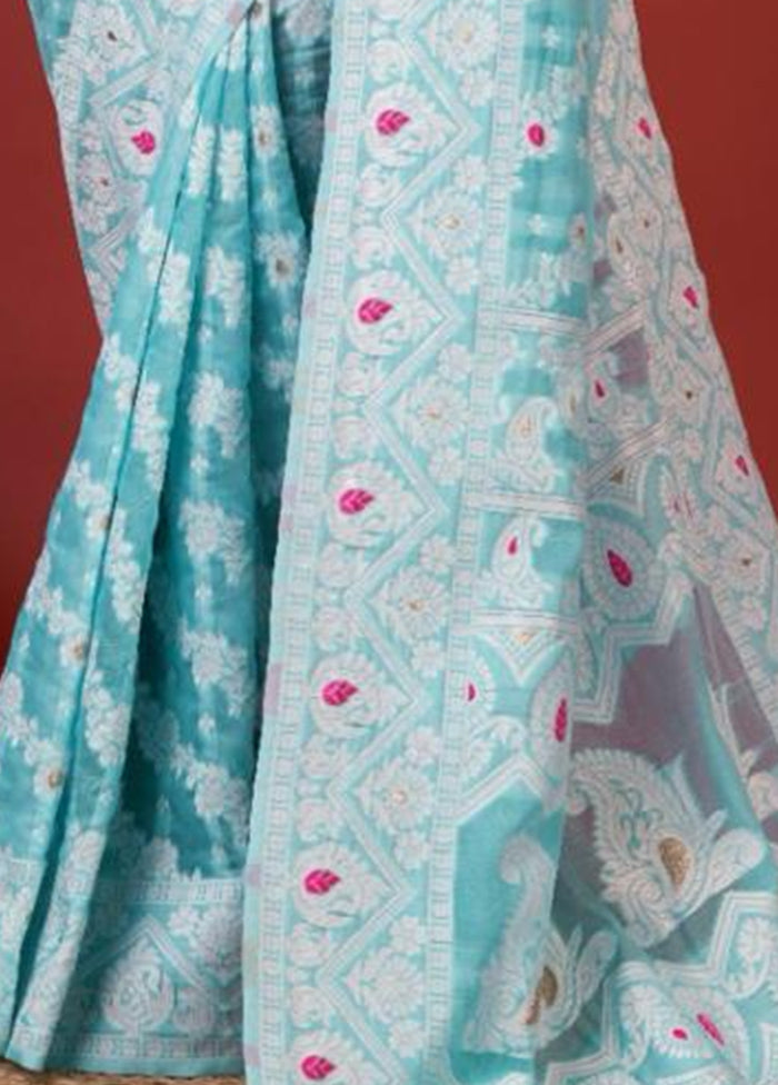 Sky Blue Cotton Saree With Blouse Piece Free Shipping Wiki