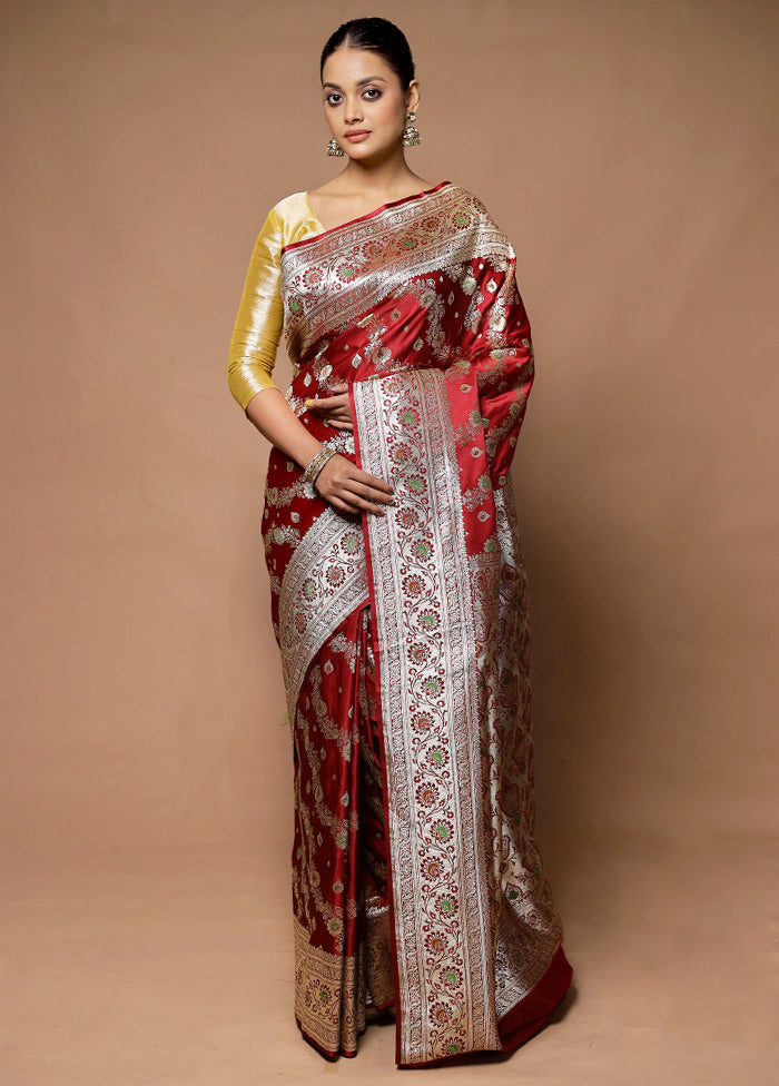 Maroon Banarasi Silk Saree With Blouse Piece Looking For