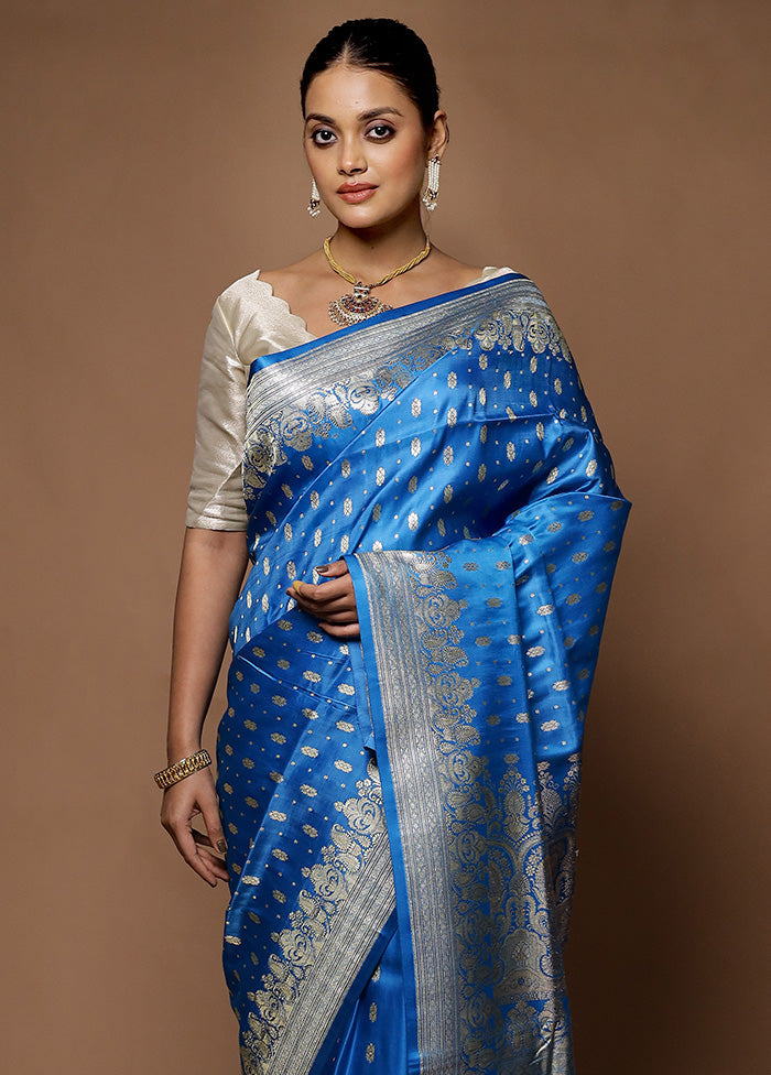 Blue Handloom Banarasi Pure Silk Saree With Blouse Piece On Hot Sale