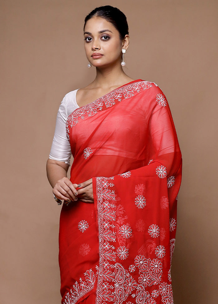 Red Pure Cotton Saree With Blouse Piece 100% Original Sale Online