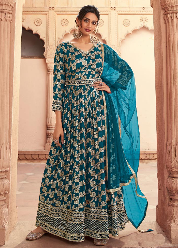 3 Pc Teal Semi Stitched Silk Suit Set Cheap Sale Online