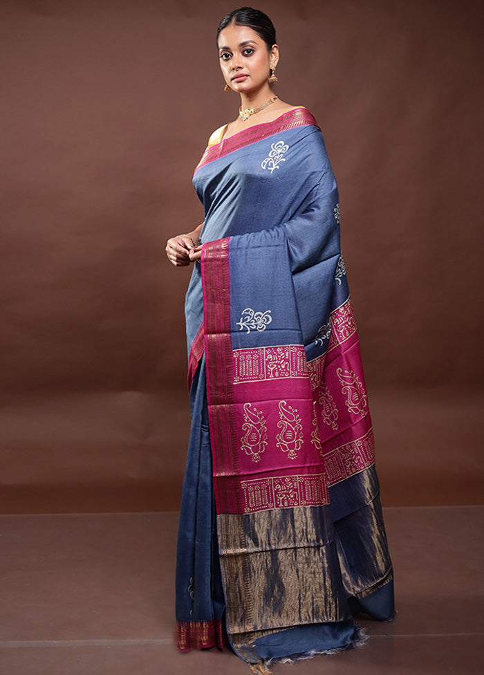 Blue Tussar Silk Saree With Blouse Piece Free Shipping Pick A Best