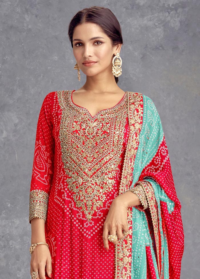 3 Pc Red Semi Stitched Silk Suit Set Shop Offer Cheap Pice