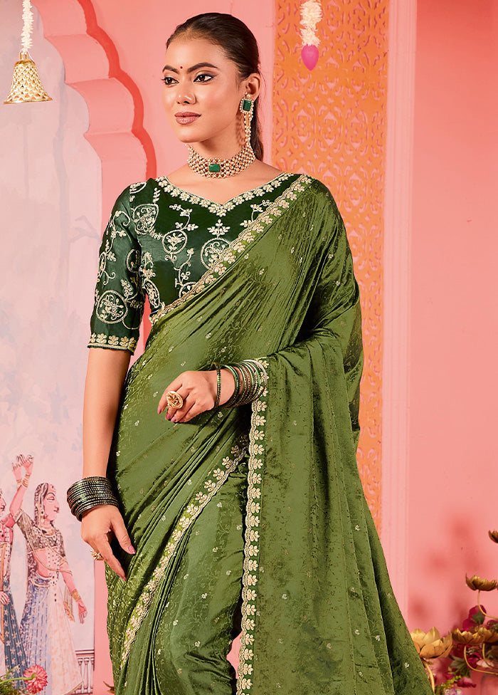 Olive Green Satin Silk Saree With Blouse Piece Cheap Sale 2025 New