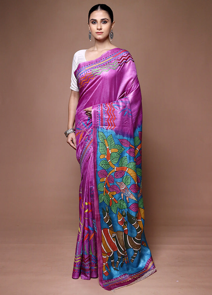 Purple Handloom Kantha Stitch Pure Silk Saree With Blouse Piece Free Shipping Online