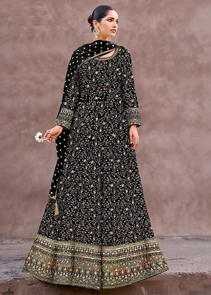 3 Pc Black Semi Stitched Georgette Suit Set Discount The Cheapest