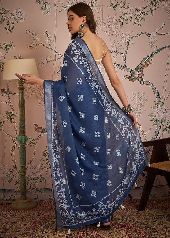 Navy Blue Linen Silk Saree With Blouse Piece Marketable