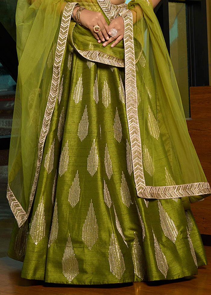 3 Pc Green Silk Semi Stitched Lehenga Set Cheap Visa Payment