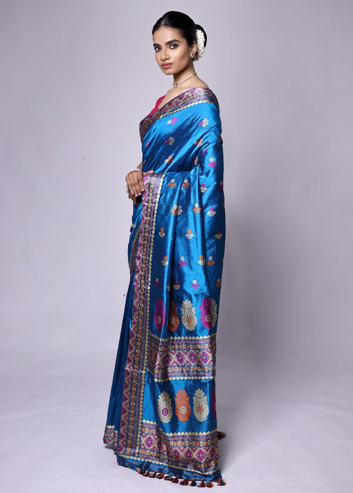 Blue Handloom Assam Pure Silk Saree With Blouse Piece Clearance Low Shipping