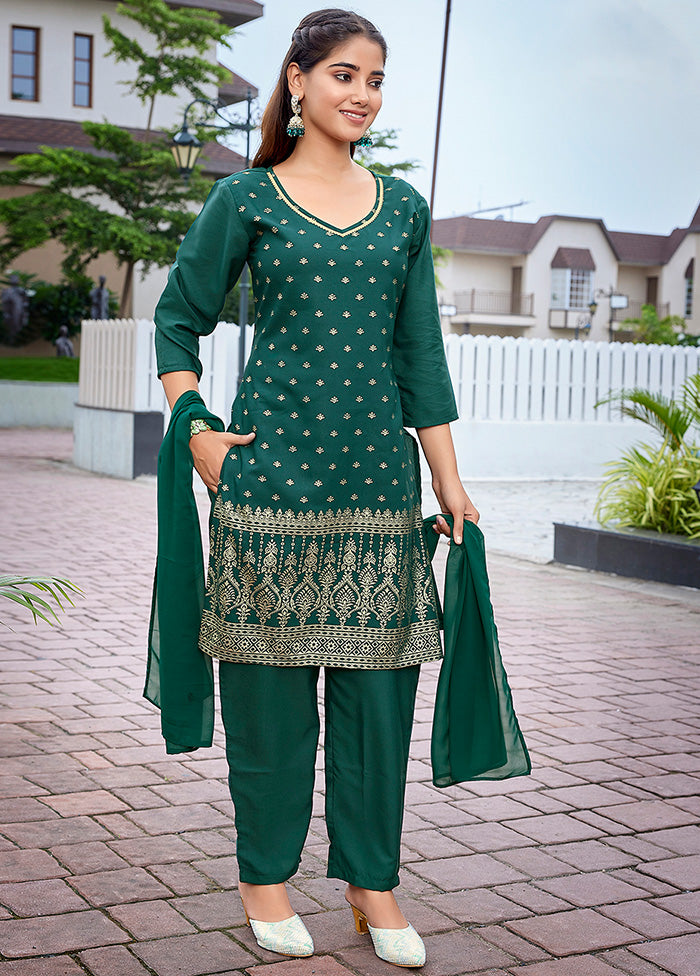 3 Pc Bottle Green Readymade Silk Suit Set Low Cost Cheap Pice