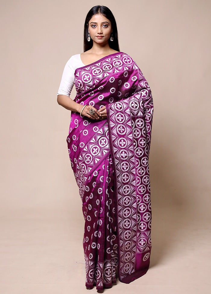 Purple Handloom Kantha Stitch Pure Silk Saree With Blouse Piece Sale View