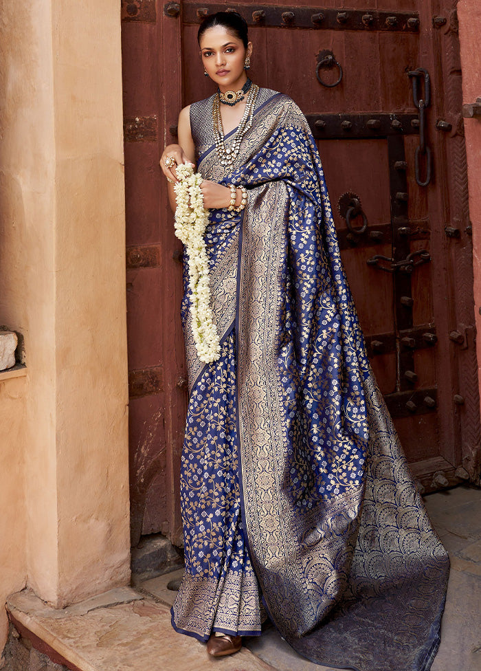 Blue Banarasi Silk Saree With Blouse Piece Buy Cheap Outlet