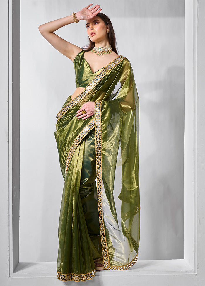 Green Net Saree With Blouse Piece Clearance Very Cheap