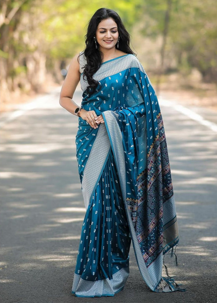 Blue Banarasi Silk Saree With Blouse Piece Clearance Hot Sale