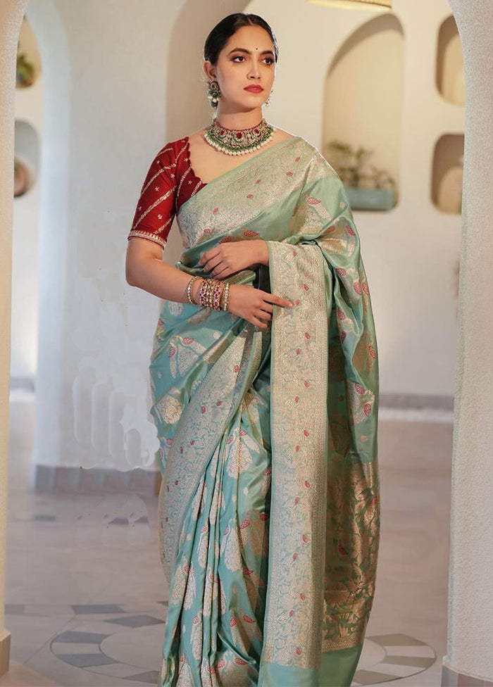 Light Green Banarasi Silk Saree With Blouse Piece Cheap Sale Outlet Locations