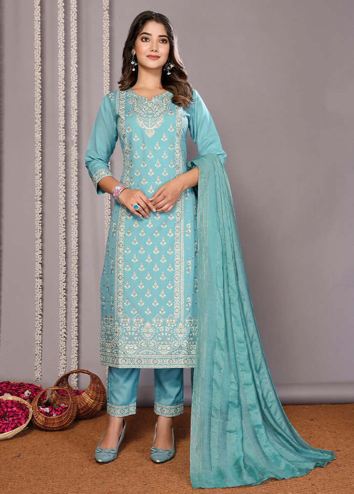 3 Pc Turquoise Blue Readymade Cotton Suit Set Deals Cheap Pice