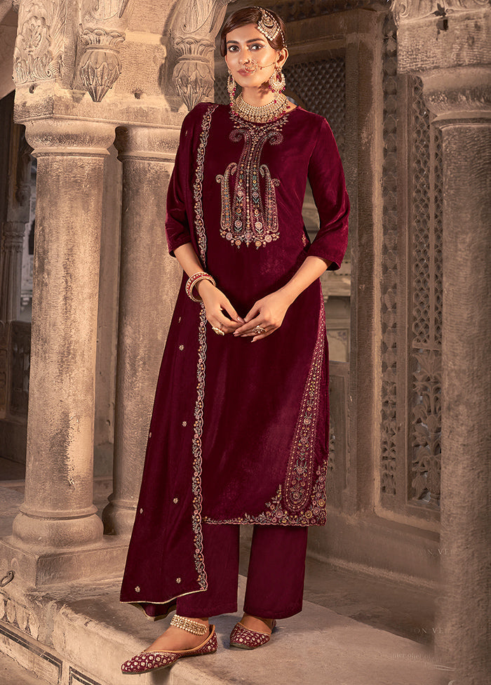 3 Pc Maroon Unstitched Velvet Suit Set Real For Sale