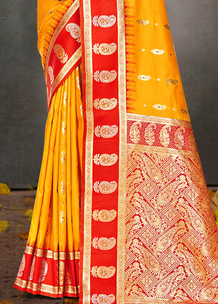 Yellow Dupion Silk Saree With Blouse Piece Outlet Looking For