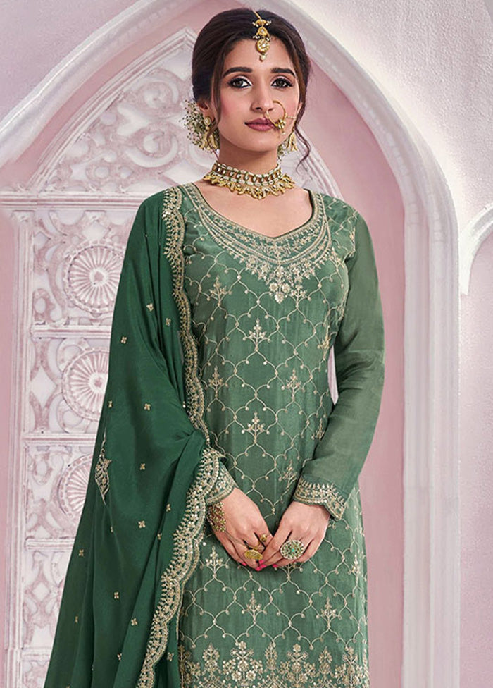 3 Pc Green Semi Stitched Silk Dupatta Suit Set Sale Explore