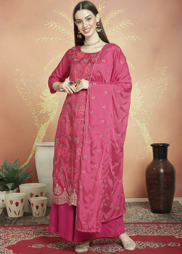 3 Pc Magenta Unstitched Silk Suit Set Sale For Nice