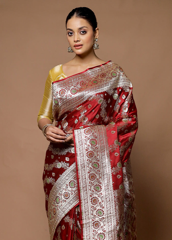 Maroon Banarasi Silk Saree With Blouse Piece Looking For