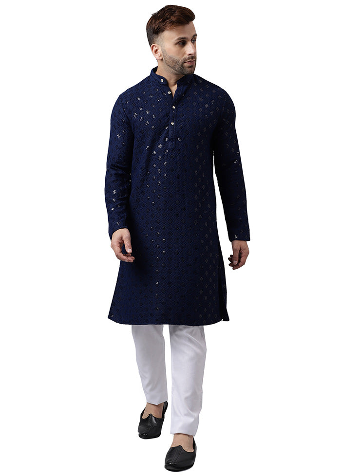 2 Pc Navy Blue Silk Kurta Pajama Set Discount Outlet Store