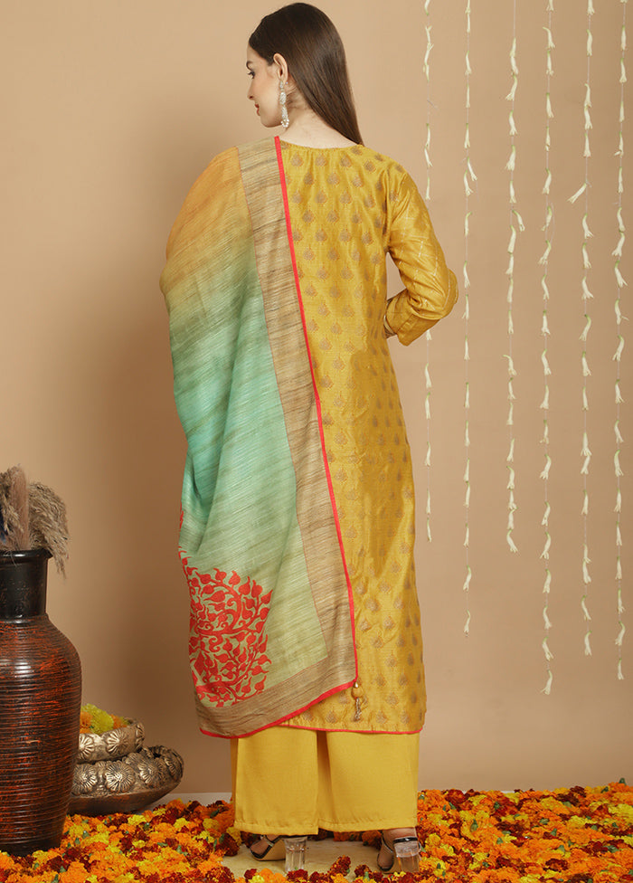 3 Pc Yellow Unstitched Chanderi Suit Set Cheap Websites