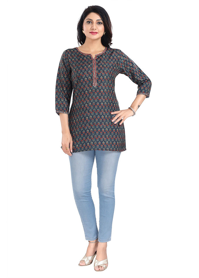 Navy Blue Readymade Rayon Short Kurti Cheap Excellent