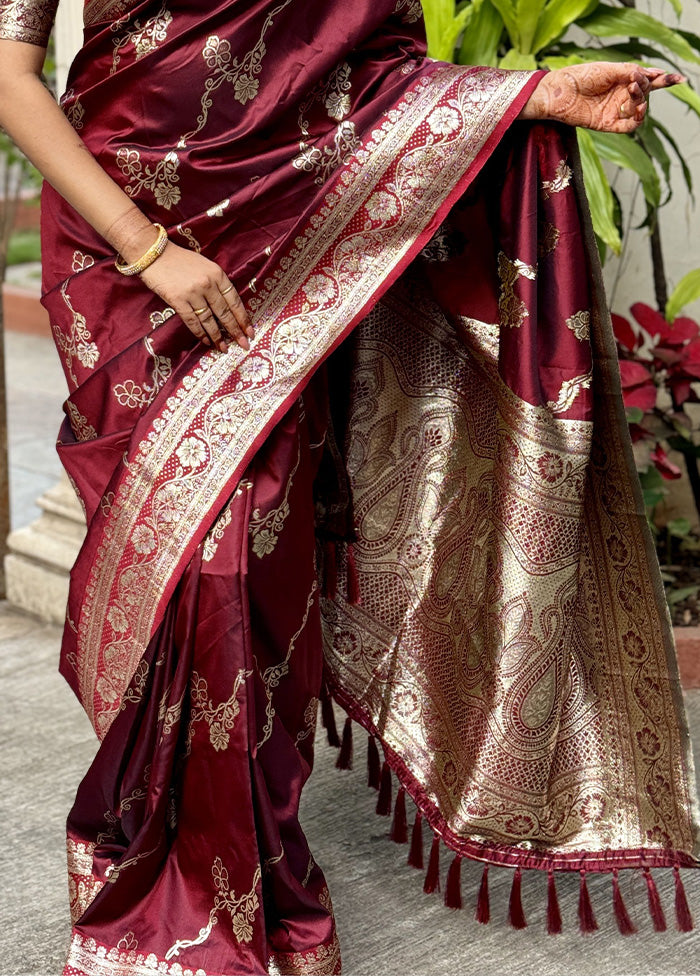 Maroon Banarasi Silk Saree With Blouse Piece Many Kinds Of Cheap Pice