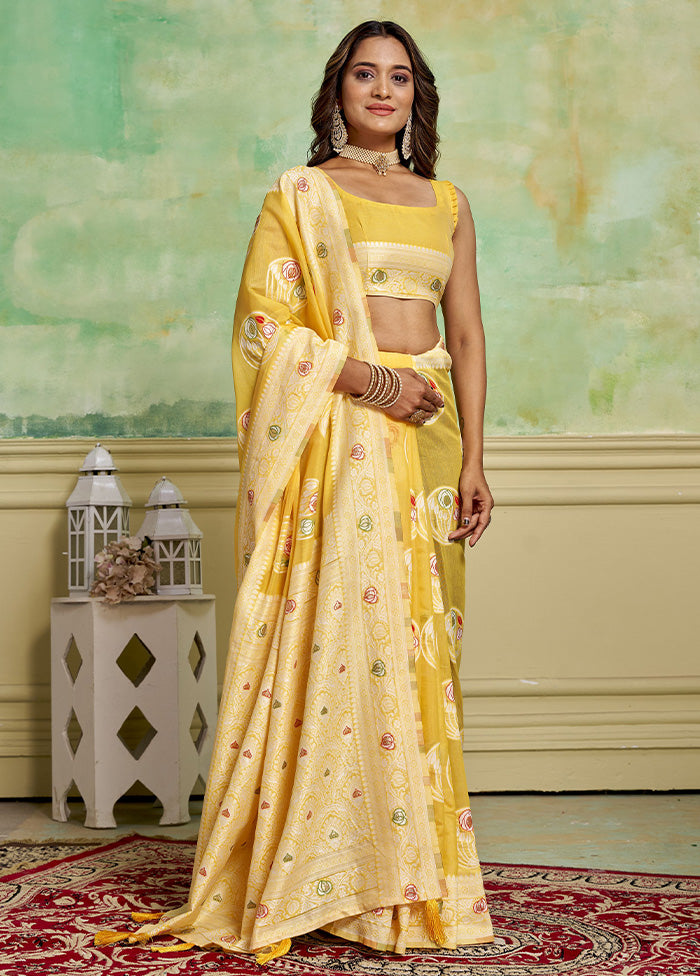 Yellow Cotton Saree With Blouse Piece Deals Online