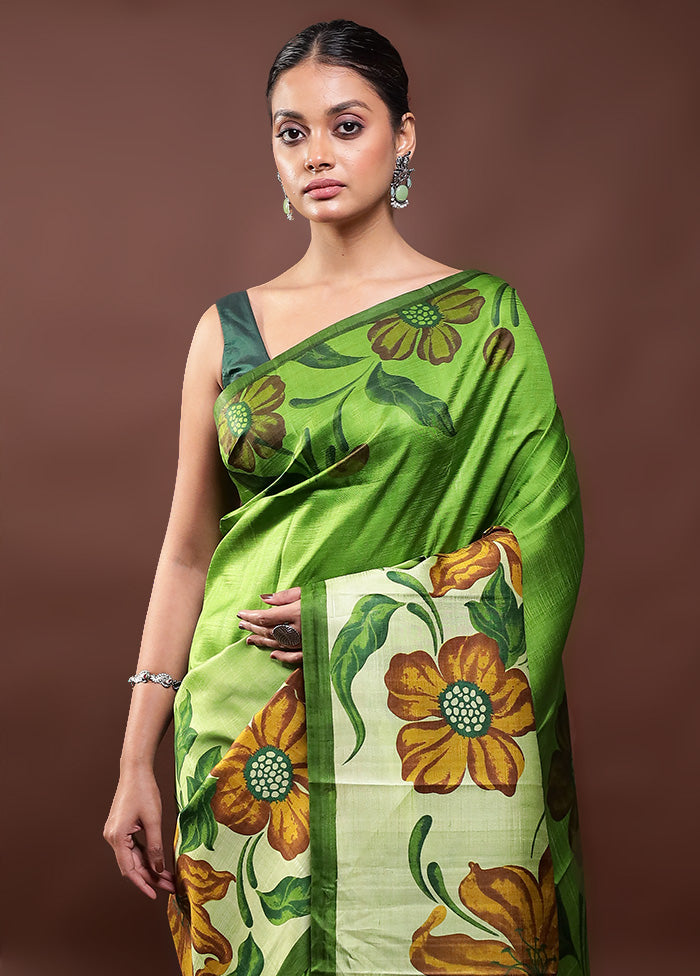 Green Printed Pure Silk Saree Without Blouse Piece Very Cheap