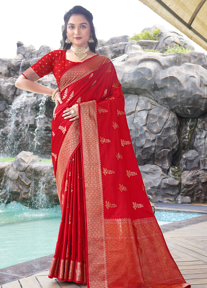 Red Satin Silk Saree With Blouse Piece Clearance Wholesale Pice