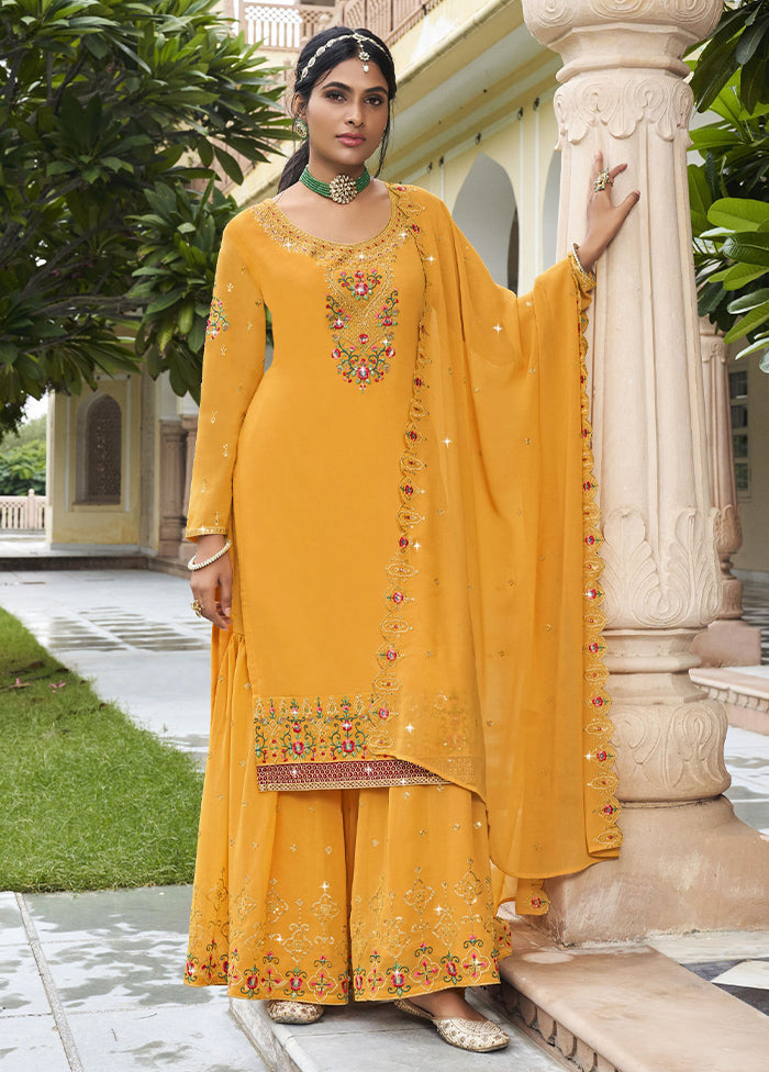 3 Pc Yellow Semi Stitched Georgette Suit Set Pay With Paypal Online