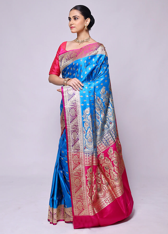 Blue Handloom Banarasi Pure Silk Saree With Blouse Piece Fast Delivery Online