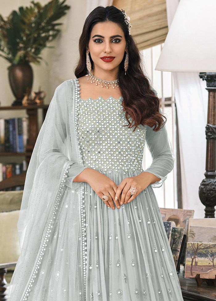 3 Pc Grey Semi Stitched Georgette Suit Set Pay With Visa Sale Online