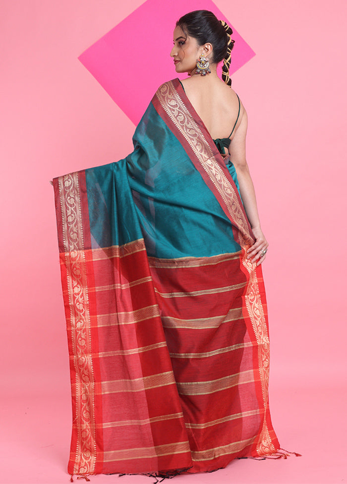 Teal Cotton Saree With Blouse Piece Free Shipping 100% Guaranteed