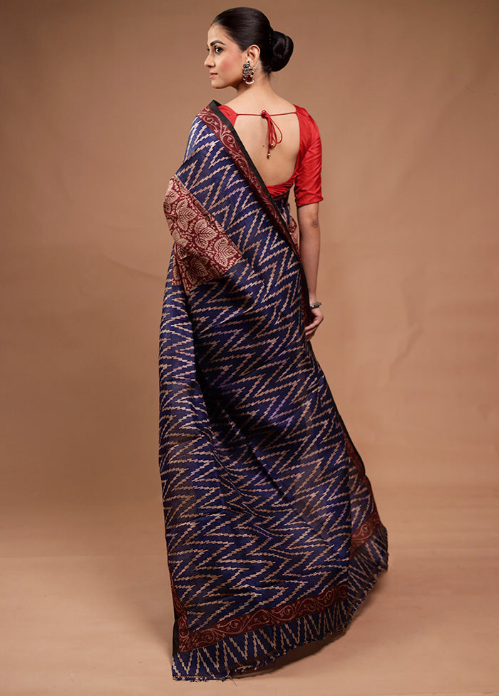 Blue Printed Pure Silk Saree Without Blouse Piece Cheap Sale 2025 Newest