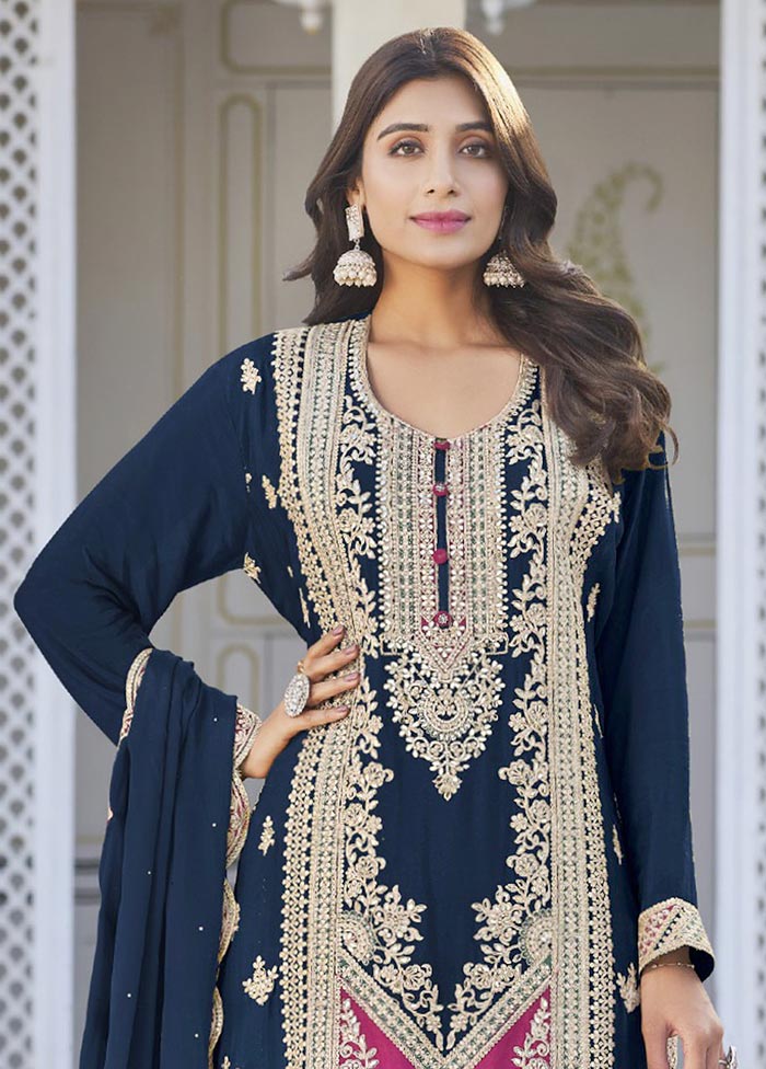 3 Pc Navy Blue Semi Stitched Silk Suit Set Cheap Pice Top Quality