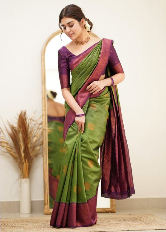 Mehendi Green Spun Silk Saree With Blouse Piece Store Sale Online