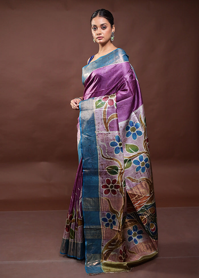 Purple Handloom Tussar Pure Silk Saree With Blouse Piece Explore Cheap Pice