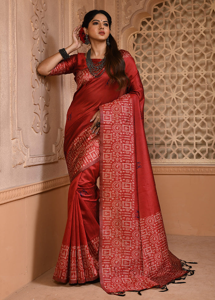 Red Spun Silk Saree With Blouse Piece Clearance For Nice