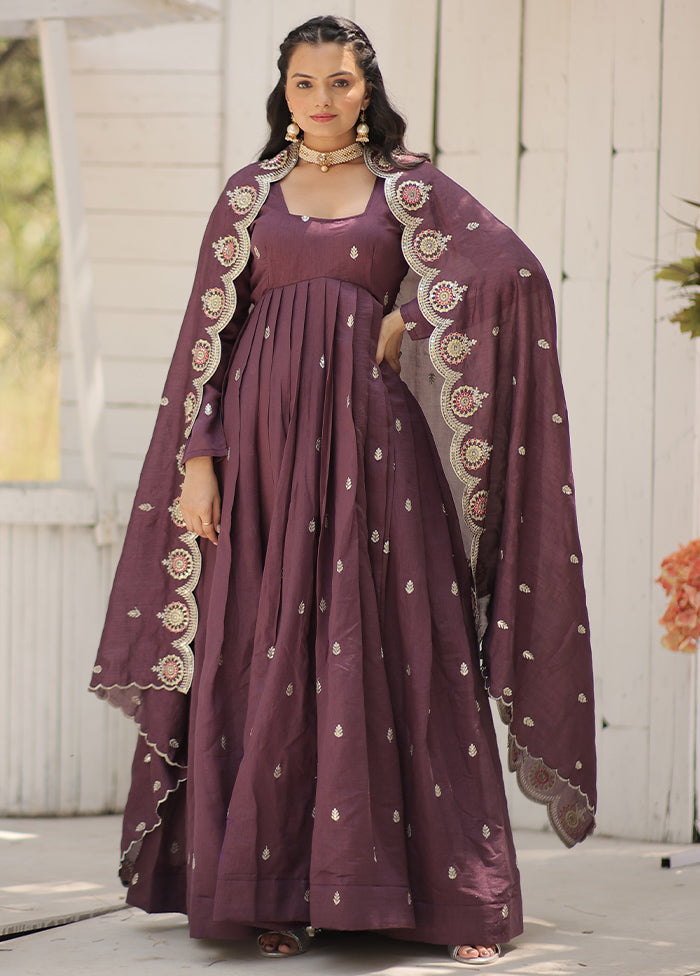 Purple Readymade Silk Long Indian Dress With Dupatta Store Sale Online