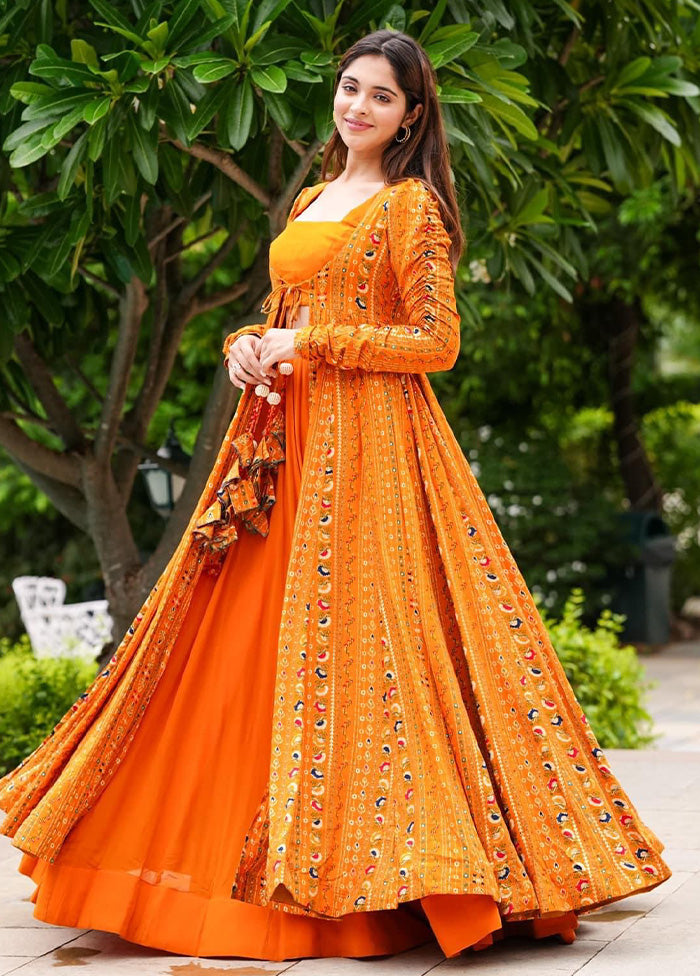 3 Pc Orange Readymade Georgette Shrug Suit Set Deals Cheap Online