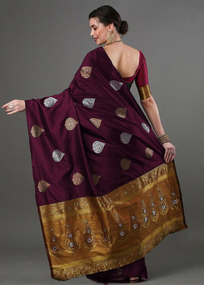 Wine Banarasi Silk Saree With Blouse Piece Free Shipping Original