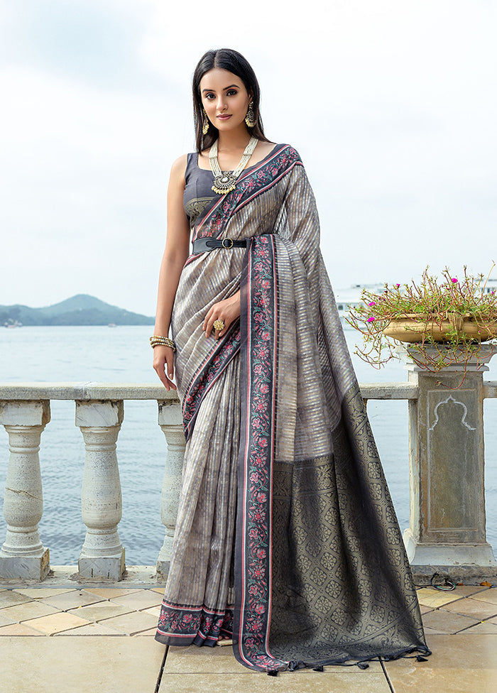 Grey Spun Silk Saree With Blouse Piece Outlet Pay With Paypal