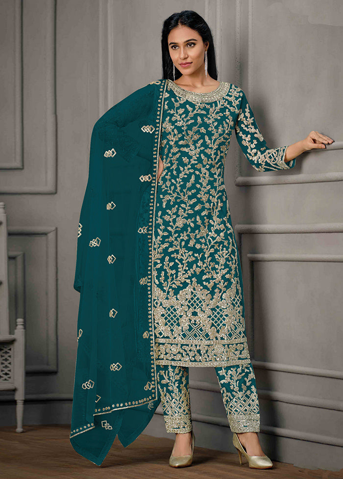 3 Pc Teal Semi Stitched Net Suit Set Cheapest Online