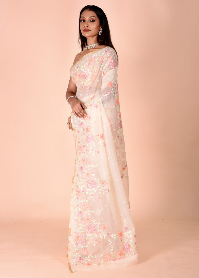 Cream Organza Saree With Blouse Piece Free Shipping New Styles