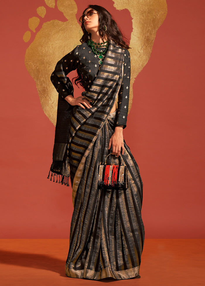 Black Spun Silk Saree With Blouse Piece Inexpensive For Sale